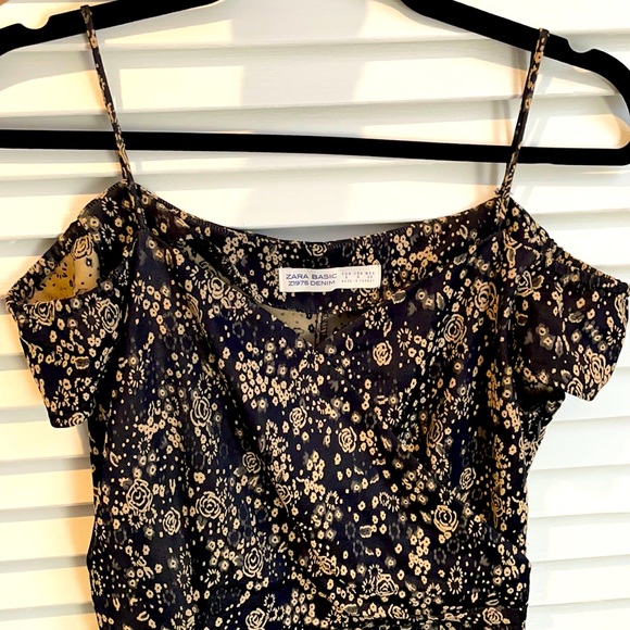 Black cocktail dress, shoulder & off shoulder straps & cream floral print. - Picture 2 of 3